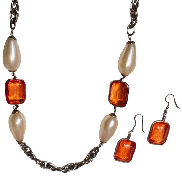 🔥Vintage Orange Oversized Bead Necklace and Earring Set - Picture 1 of 8